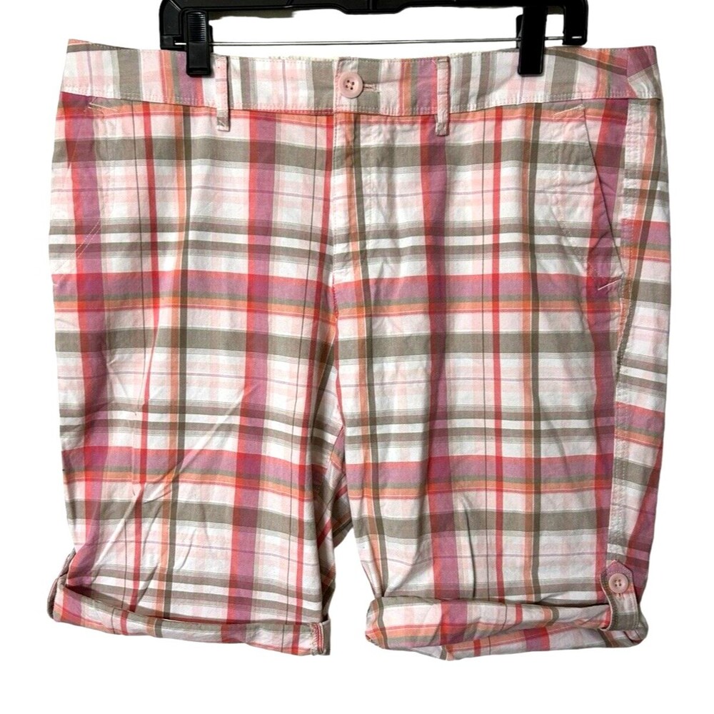 EDDIE BAUER Womens Pink Plaid Chino Bermuda Shorts Mid Rise  Roll Tab Cotton 15